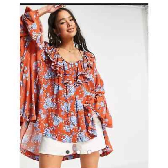 Free People Orange Ruffle Floral Button Lorretta Tunic Top or Mini Dress. XS - Picture 2 of 15
